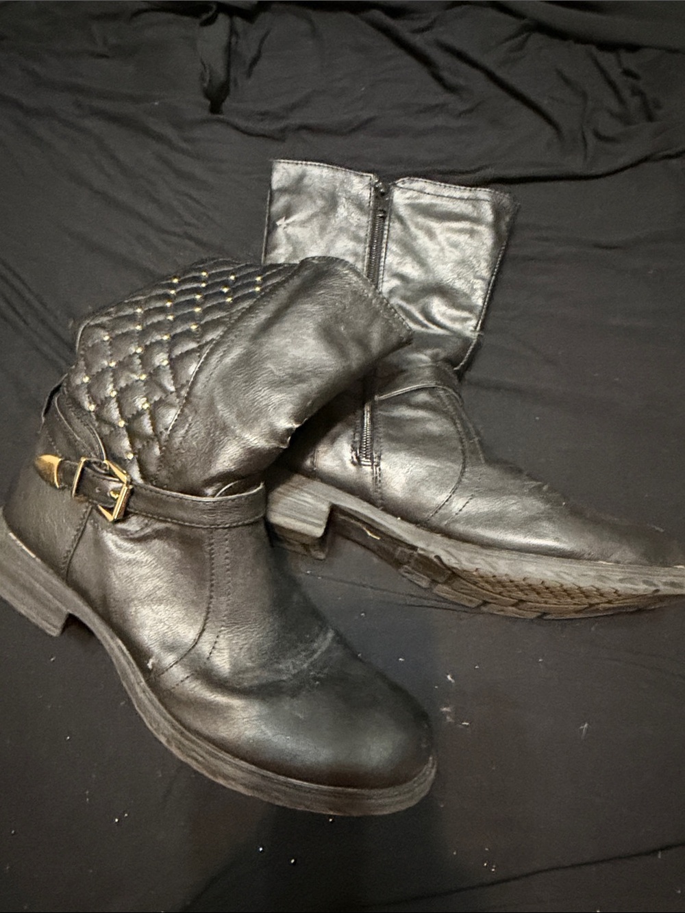 Bumper Black Quilted Leather Ankle Boots with Buckle Detail
